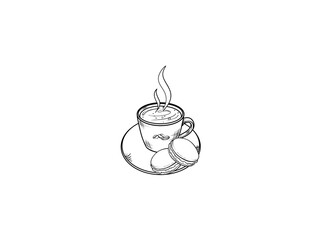 Line art style illustration of a cup of hot coffee, a macaroons  and coffee beans on a white background. Concept of breakfast, break, and cafe.