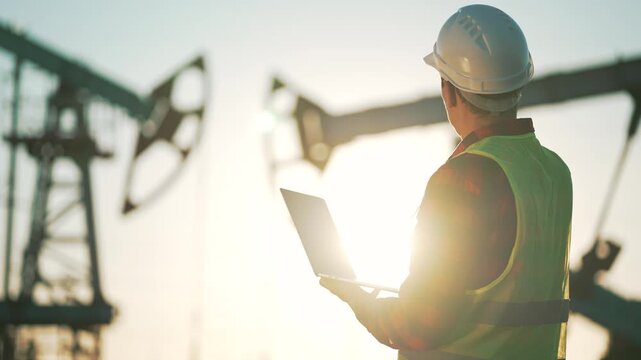 Engineer performs inspection of pumpjack with laptop while worker wears helmet and vest at oil field during sunset sunflare illuminating pumpjack silhouette and laptop screen for safety check