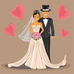 romantic pink-gowned bride and top-hat groom wedding portrait with heart accents and veil; use for greeting cards, thank-you notes, and anniversary merchandise.