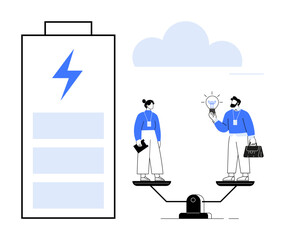 Large battery with lightning symbol and two professionals balancing on scales one with a briefcase, another with a light bulb. Ideal for teamwork, decision-making, energy, innovation, efficiency