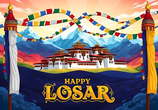 Vibrant Losar celebration with tibetan monastery and mountain landscape for festive greeting design