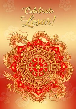 Celebrate losar with intricate dragon mandala design for festive greeting cards and posters