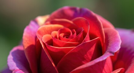 Close-up of a vibrant rose, showcasing intricate details of its petals in a gradient of reds and purples