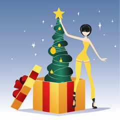 festive fashion figure placing star on spiral christmas tree inside oversized gift box; seasonal greeting cards, save-the-date or holiday e-invitations