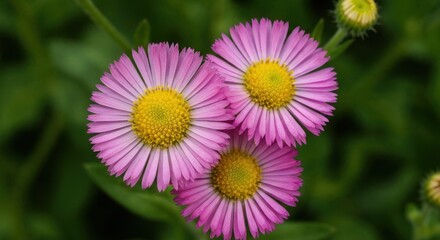 Obraz premium Close-up of three delicate pink flowers with yellow centers, against a blurred green background