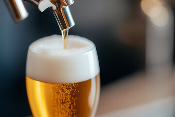Close-up captures the refreshing moment of beer pouring from a tap into a glass, creating a frothy head. Golden hues and tiny bubbles enhance the drink's appeal.