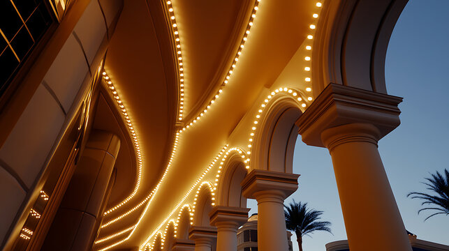 Illuminated architecture creates a warm ambiance against the evening sky. Arches lined with lights invite admiration, framing the subtle details of palm trees.