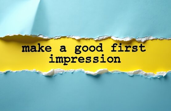 Torn blue paper bright yellow background. Black text says make good first impression. Visual represents new beginnings, opportunities, advice for success. Highlights pro personal impact.