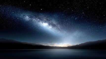 Fototapeta premium The bright Milky Way stretches across a clear night sky above tranquil waters, with mountains framing the scenery and distant lights