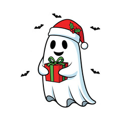 Cute Christmas Ghost Holding Gift – Funny Holiday and Halloween Crossover Illustration