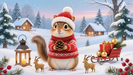 Christmas Chipmunk in Sweater | Cute Festive Animal Illustration