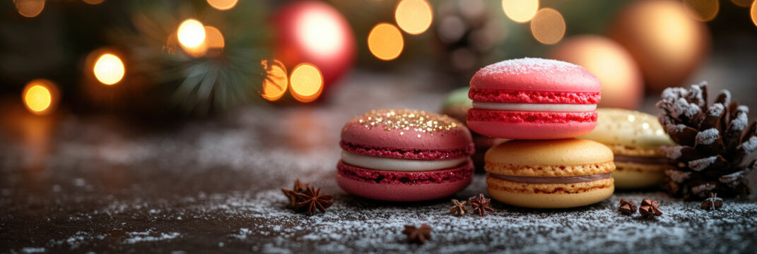 Macro shot of holiday desserts in Christmas coffee shop, sparkling sugar cookies and colorful macarons on festive table with blurred glowing lights, cozy seasonal background with copy space