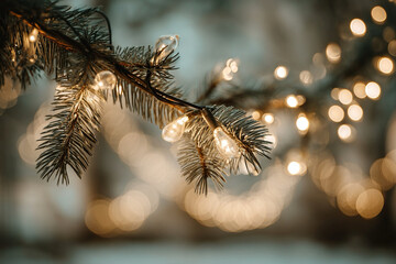 enchanting winter scene showcasing softly glowing pine branches and festive bokeh