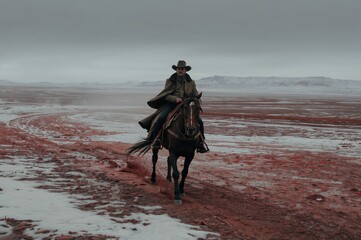 Lone cowboy riding across melting snow plains of Redwater Basin in solemn silence