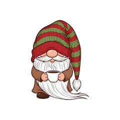 Cute Christmas Gnome with Striped Hat Holding a Cup of Hot Chocolate – Cozy Holiday Illustration