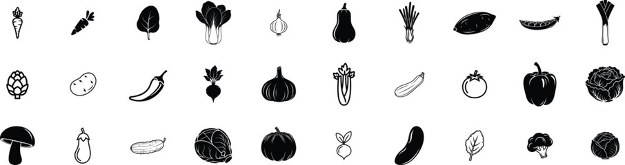 Vegetables glypy icon set, Carrot, Spinach, Onion, Squash, Potato, Chili Pepper, Garlic, Celery, Tomato, Mushroom, vector silhouette