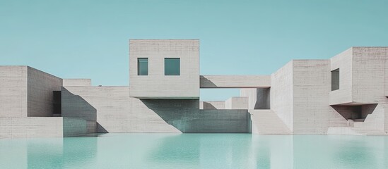 Serene Brutalist Concrete Architecture with Geometric Forms, Sharp Shadows, and Turquoise Water Reflections