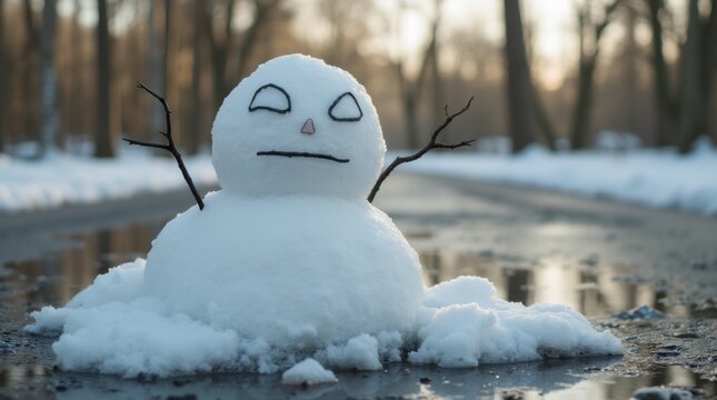 A melting snowman with a sad face in a puddle as spring arrives.
