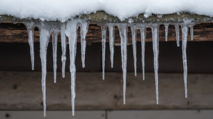 A row of long, sharp icicles hanging from a rustic wooden roof.
