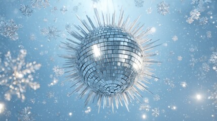Reflective disco ball is suspended in a snowy environment, surrounded by falling snowflakes, creating a whimsical and festive ambiance for holiday celebrations
