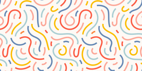 Fun colorful line doodle seamless pattern. Creative minimalist style art background for children or trendy design with basic shapes. Simple childish scribble backdrop. Vector stock background