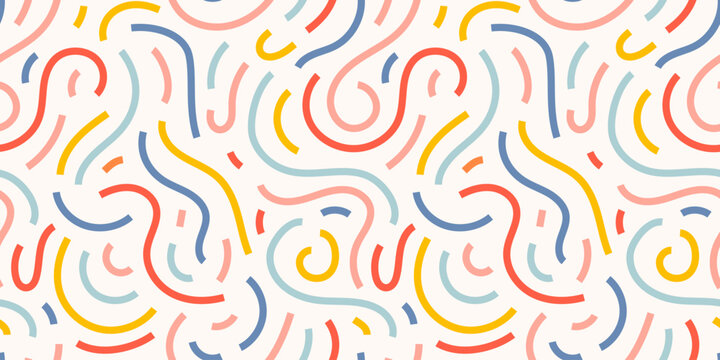 Fun colorful line doodle seamless pattern. Creative minimalist style art background for children or trendy design with basic shapes. Simple childish scribble backdrop. Vector stock background