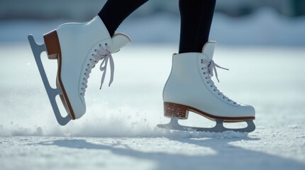 Close-up of figure skates gliding across ice, kicking up shavings.
