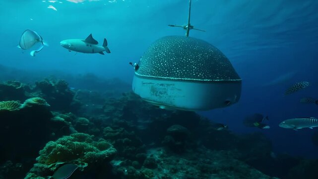 small submarine is swimming in ocean, group of fish around it. Futuristic underwater station submerged in ocean depths. spherical dome for marine research, showcasing innovation in ocean exploration