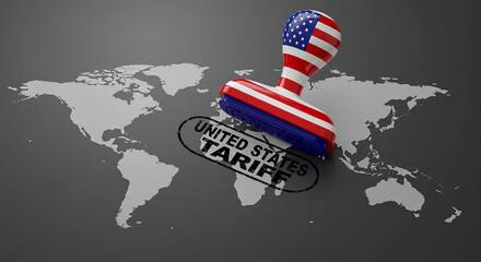 A stamp with the american flag design stamping united states tariff on a world map background