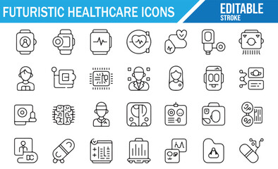 Futuristic Healthcare Icons Set — Smart Medical Devices, Digital Health Monitoring, AI Doctor Technology, Wearable Wellness Tracker, Remote Diagnosis, and Modern Medical Equipment Outline Vector Illus