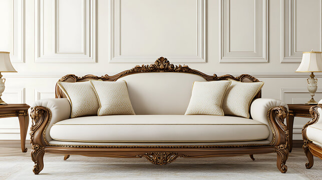 Classic sofa with ornate wooden frame & neutral upholstery creates a timeless focal point. Elegant pillows enhance the luxurious feel. Ideal for a sophisticated living space.