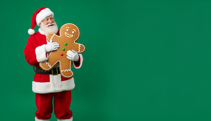 Santa Claus holding a gingerbread man on a green background with copy space for text
