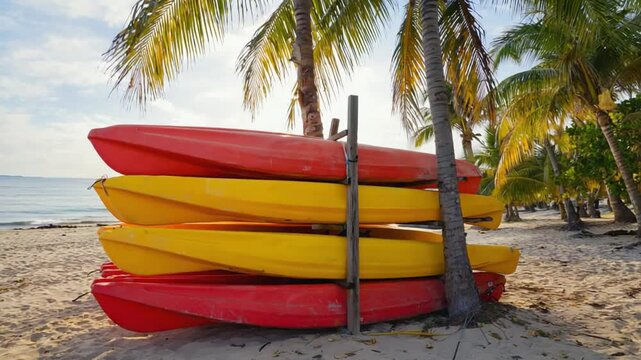 canoe kayak at palolem beach with palm tree indian landscape video