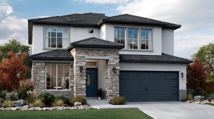 A stylish house features modern architecture with a metal roof and stone accents, set against a backdrop of colorful autumn foliage