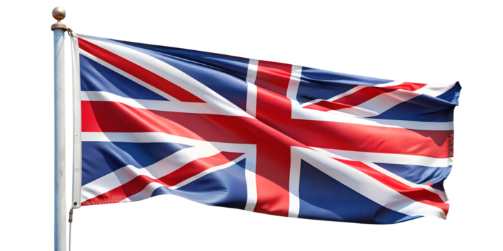 United Kingdom flag waving isolated on white transparent background