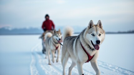 Team of husky dogs pulling a sled through a vast arctic landscape.
