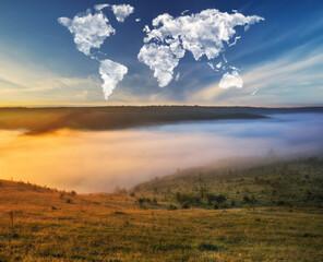 World Map Clouds Over Morning Meadow