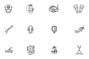 Scuba Diving and Underwater Exploration Line Icons Set