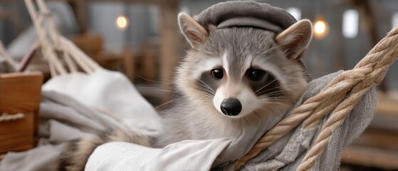 Obraz premium A raccoon joyfully strums a guitar while sitting on a swing, wearing a stylish hat and creating a cheerful atmosphere indoors