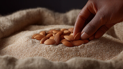 Hand arranging almonds on flour surface showing food preparation and cooking ingredient for healthy eating and baking concept