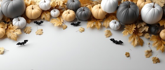 Fototapeta premium A creative display features orange and white pumpkins alongside bats and dried foliage, celebrating the essence of autumn festivities