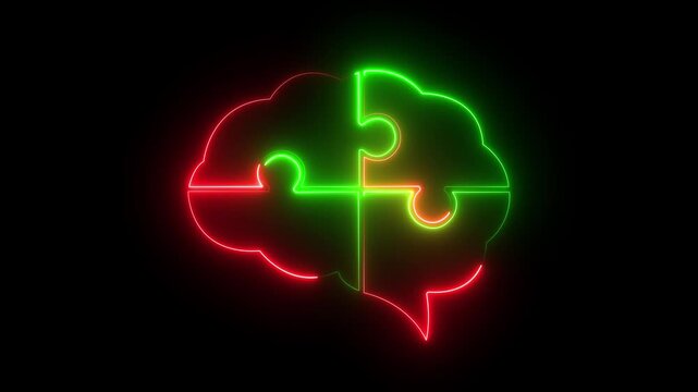 glowing neon brain puzzle icon isolated on black background. Creative Idea Concept, Thinking brain sign 4K Video motion graphic animation.