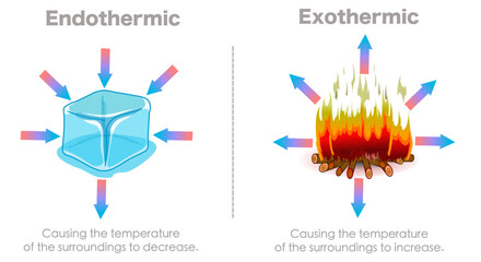Endothermic, exothermic chemical reactions. Hot cold. Ice cube, camp fire. Release energy in the form of heat. Absorb heat energy from their surroundings.  Illustration vector	