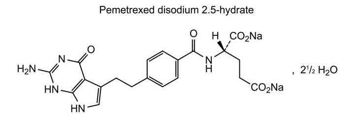 Fototapeta premium Pemetrexed disodium 2.5-hydrate, chemical structure of pemetrexed disodium 2.5-hydrate, drug substance