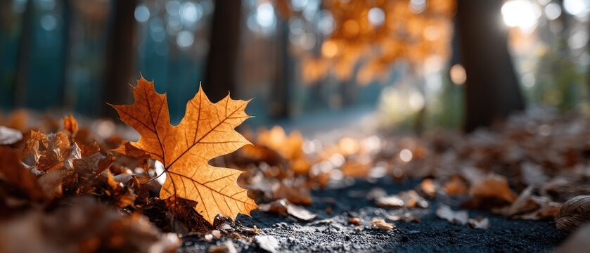 An autumn leaf glows in the soft light along a peaceful road, framed by towering trees and a warm, golden atmosphere