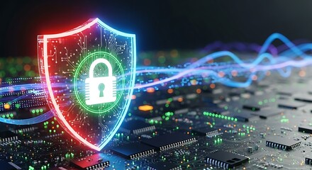 Cybersecurity concept showing a shield with a padlock on a computer motherboard, representing data protection and digital security in the modern age