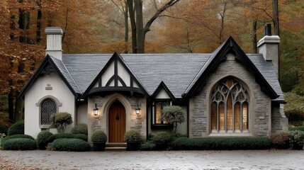 Fototapeta premium A grand stone structure stands in a tranquil setting, encircled by colorful autumn trees and a calm atmosphere on a cloudy day