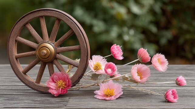 A colorful wreath made of dried flowers is arranged on a weathered wooden background, adding charm to the rustic decor