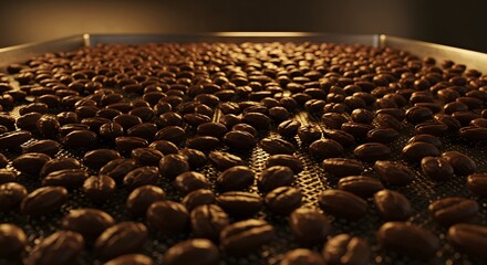 Fototapeta premium Close-up of freshly roasted coffee beans cooling on a perforated metal tray, ready for processing and brewing.