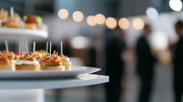 Delicious appetizers elegantly presented on a tiered stand, set against a backdrop of a sophisticated gathering.  Perfect for events, corporate functions, or a fancy party!